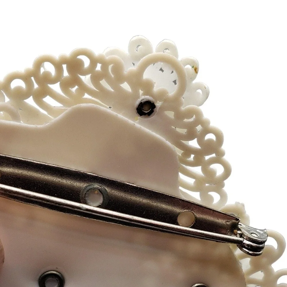 Antique Victorian Celluloid‎ Dangle Brooch Filigree White Ball Drop Pin Acrylic